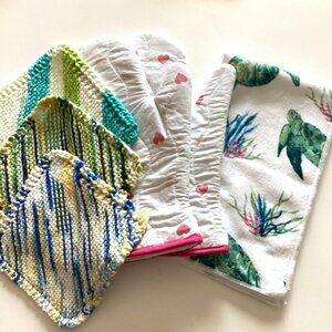 Bundle of Kitchen Linens Dish Clothes Tea Towel Handmade Oven Mitts Home Decor
